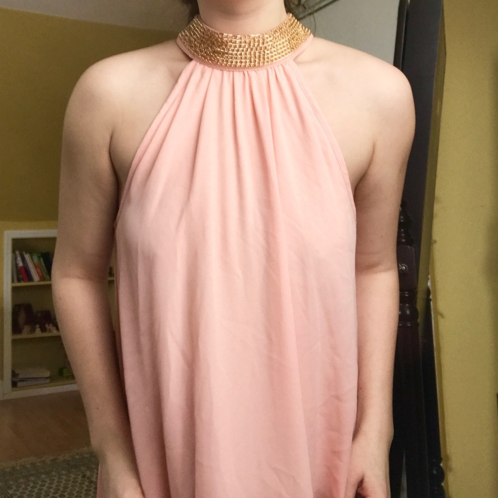 Light pink flowy dress with chain turtle neck